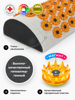 Аппликатор Кузнецова. Валик массажный акупунктурный, массажер для шеи, желтый (более острые иглы). Цвет ткани - "натуральный лён"