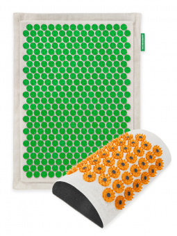 Набор здоровая шея №2. Массажный коврик 41х60 см, зеленый (менее острые иглы) + валик массажный акупунктурный, массажер для шеи, желтый (более острые иглы)