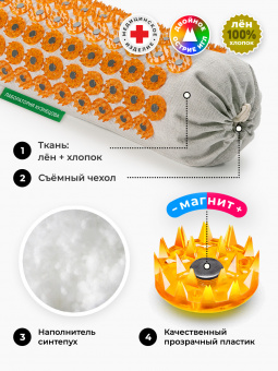 Аппликатор Кузнецова. Валик массажный акупунктурный. Универсальный массажер, желтый (более острые иглы, магнитные вставки). Цвет ткани - "натуральный лён".
